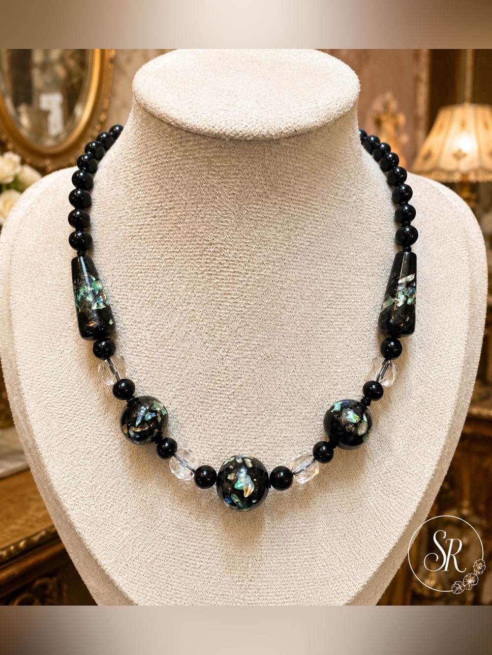 Antique c.1900 Venetian Black Lampwork Glass Necklace Edwardian